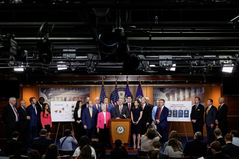 House Oversight and Accountability Committee Chairman James Comer (R-KY) and other Republican members of the committee hold a news conference to present preliminary findings into their investigation into President Joe Biden's family in Washington, DC. on May 10, 2023. 