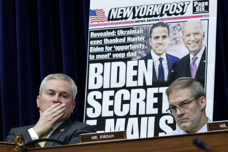 A New York Post front page story about Hunter Biden’s emails on display, behind Committee Chairman Rep. James Comer (R-KY) and Rep. Jim Jordon (R-OH) listen during a hearing before the House Oversight and Accountability Committee at Rayburn House Office Building on Capitol Hill in Washington, DC.  on February 8, 2023.