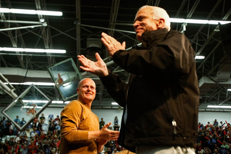 Republican presidential nominee Sen. John McCain and Samuel "Joe the Plumber" Wurzelbacher at a campaign rally in Mentor, Ohio, on Oct. 30, 2008.