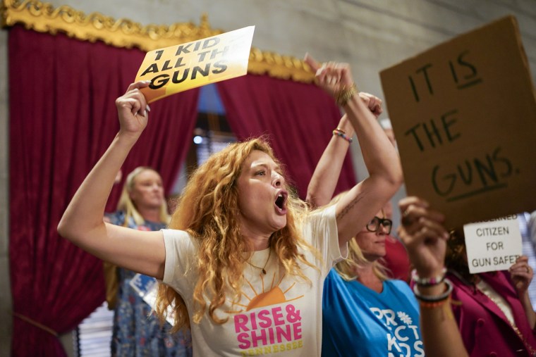 Rachelle Lefevre yells from the House gallery after a vote from the floor to silence Rep. Justin Jones, D-Nashville, during a special session of the state legislature on Monday, Aug. 28, 2023, in Nashville. 