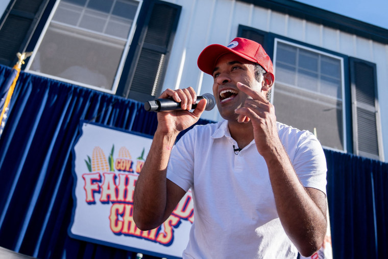 Presidential hopeful Vivek Ramaswamy raps at the Iowa State Fair in Des Moines on Aug. 12, 2023. 