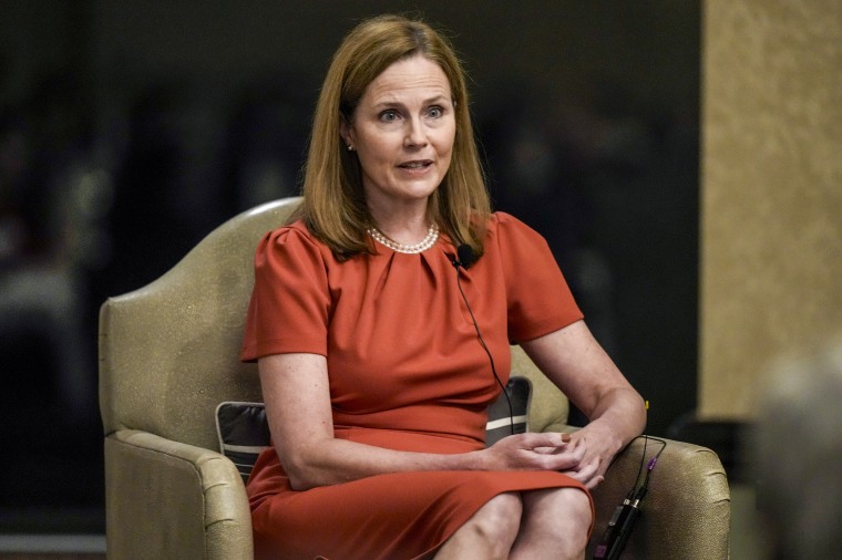 Supreme Court Associate Justice Amy Coney Barrett speaks during the Seventh Circuit Judicial Conference in Lake Geneva, Wis., on Aug. 28, 2023.