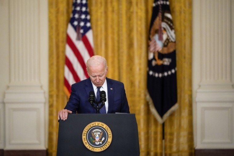 Image: President Joe Biden pauses while giving remarks after 13 American servicemen were killed in attacks near the Hamid Karzai International Airport in Kabul, Afghanistan, on Aug. 26, 2021.