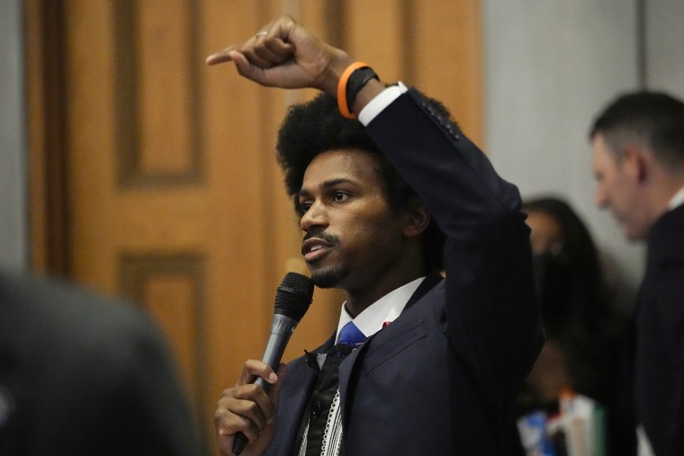 Rep. Justin J. Pearson, D-Memphis, speaks from the House floor during a special session of the state legislature on public safety Tuesday, Aug. 29, 2023, in Nashville, Tenn. 