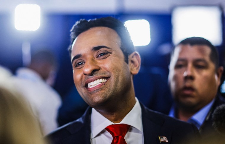 Republican presidential candidate Vivek Ramaswamy talks with reporters in the spin room after the conclusion of the first Republican candidates' debate of the 2024 presidential campaign in Milwaukee on Aug. 23, 2023.