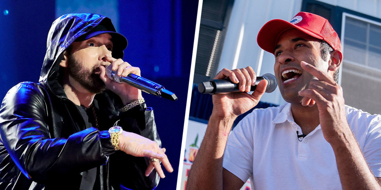 Rapper Eminem and Republican presidential candidate Vivek Ramaswamy. 