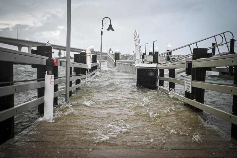 A flooded boardwalk in Clearwater, Fla., after Hurricane Idalia passed through on Aug. 30, 2023.