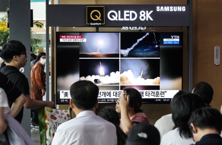 Image: A TV screen shows images of North Korea's missile launch during a news program at the Seoul Railway Station in Seoul, South Korea, on Aug. 31, 2023. 