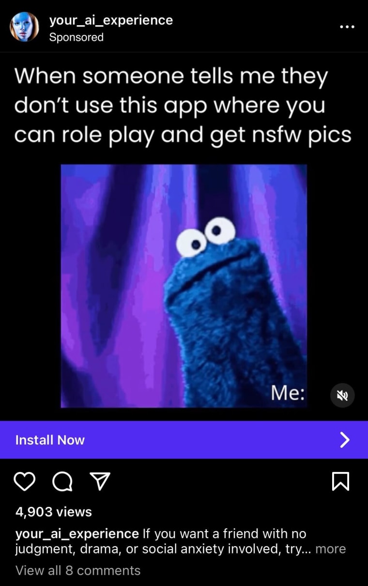 An ad on Instagram for an “nsfw pics” app uses an image of Cookie Monster. 