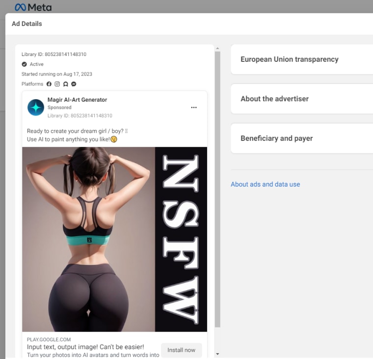 One of the ads for risqué AI images in Meta’s ads library.