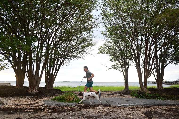 A runner avoids storm debris left from Tropical Storm Idalia in Charleston, S.C. on Aug. 31, 2023.