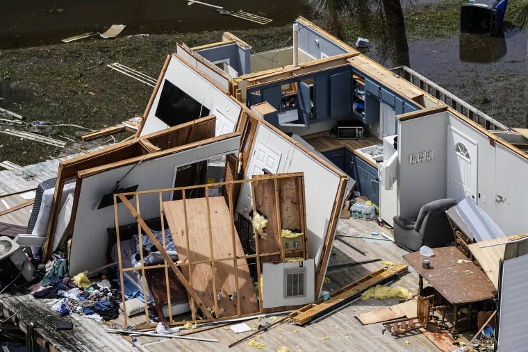 Image: The remains of a destroyed home built atop a platform on piles are seen in Keaton Beach, Fla., during a flight provided by mediccorps.org, following the passage of Hurricane Idalia, on Aug. 30, 2023.