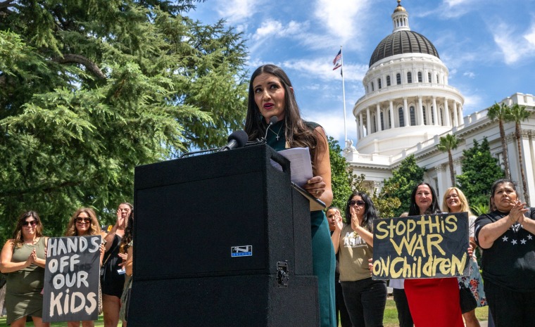 Sonja Shaw, president of Chino Valley Unified School District, speaks at the state Capitol in Sacramento, Calif., on Aug. 14, 2023. 