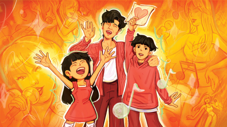 Illustration of an Asian-American family, including a mother and her two children, singing while different Taylor Swift's sing and dance around them.