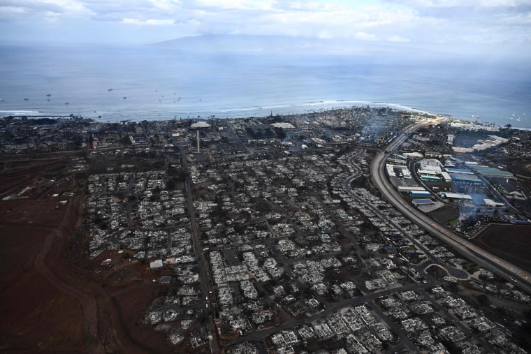 An aerial image taken on Thursday shows destroyed homes and buildings burned to the ground in Lahaina along the Pacific Ocean in the aftermath of wildfires in western Maui.