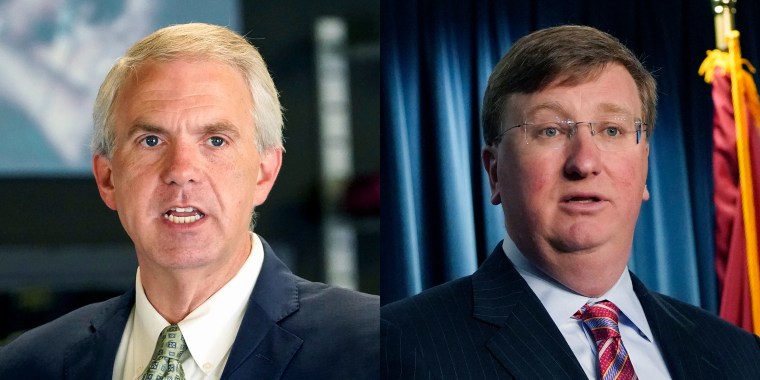 A side by side image of Brandon Presley, Democratic nominee for Mississippi governor, left, and Mississippi Gov. Tate Reeves.