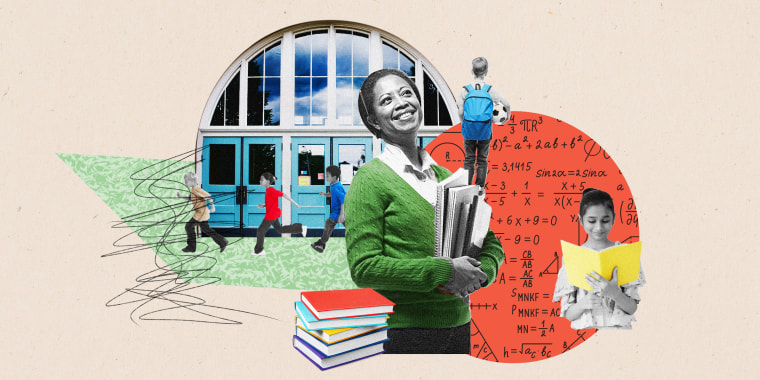 A vibrant and joyful photo Illustration of a happy teacher with students surrounding her doing different things like reading, chasing each other, and walking to a soccer game. 