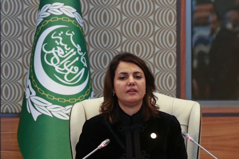 Image: Libyan Foreign Affairs Minister Najla Mangoush speaks at the opening session of the meeting of Arab foreign ministers, in the capital Tripoli, on Jan. 22, 2023.
