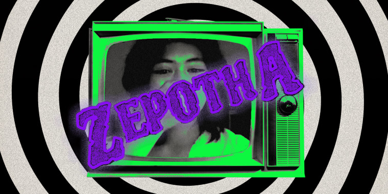 Distorted 90s TV set with "Zepotha" title across the frame diagonally 