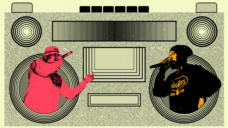 Ilustración fotográfica donde los artistas de hip-hop Sen Dog y B-Real, del grupo Cypress Hill, aparecen interpuestos en las bocinas de un estéreo tipo boombox.