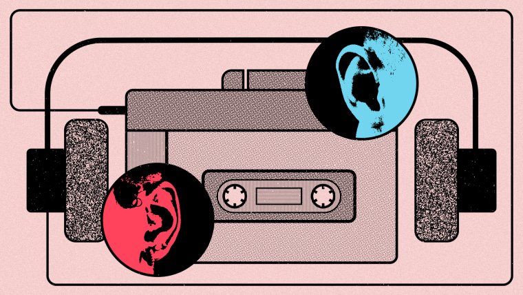 Ilustración de un reproductor de cassettes ochentero con fotos de los oídos de dos personas