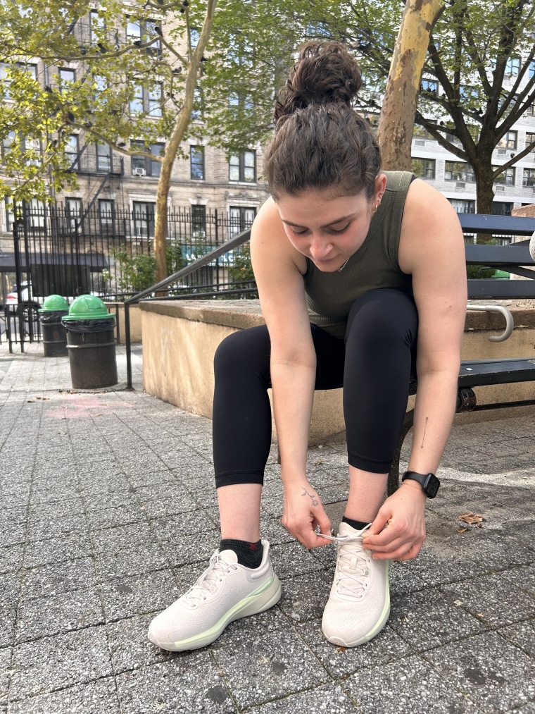 NBC Select associate updates editor Zoe Malin runs and walks outdoors in Lululemon’s Chargefeel sneakers.