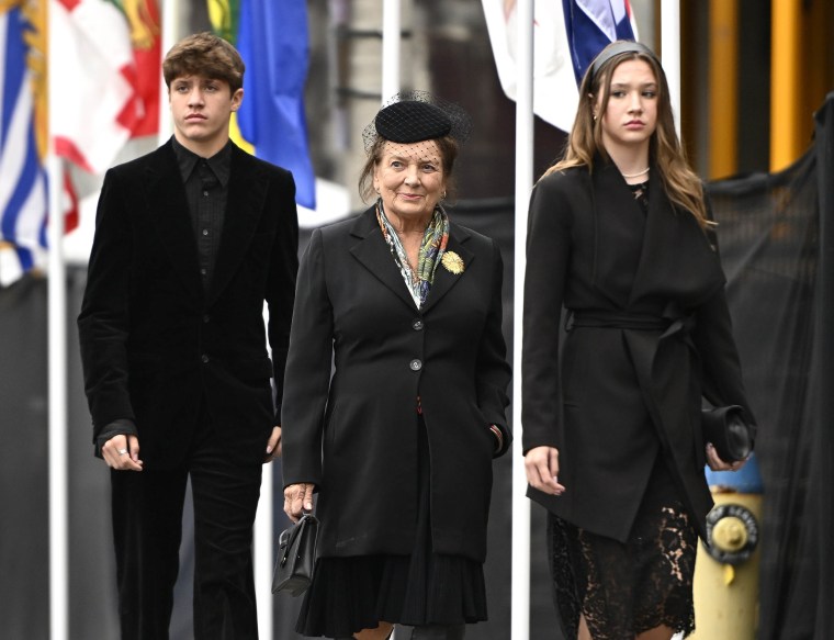 Margaret Trudeau (center), mother of Canadian Prime Minister Justin Trudeau, walks with her grandchildren Xavier (left) and Ella-Grace (right) as they arrive at Christ Church Cathedral for the National Commemorative Ceremony in honor of Queen Elizabeth, in Ottawa, on Sept. 19, 2022.