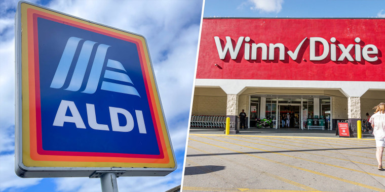 On the left a blue aldi sign against the blue sky. on the right, a red winn dixie storefront
