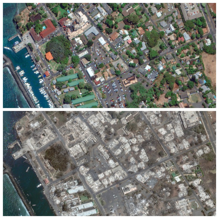 Otro ángulo de la ciudad de Lahaina, Hawaii, captado antes (arriba) y después del incendio forestal que arrasó la ciudad este miércoles. 