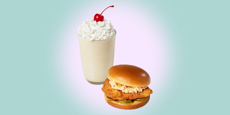 Chick-fil-A’s Caramel Crumble Milkshake with the Honey Pepper Pimento Chicken Sandwich.