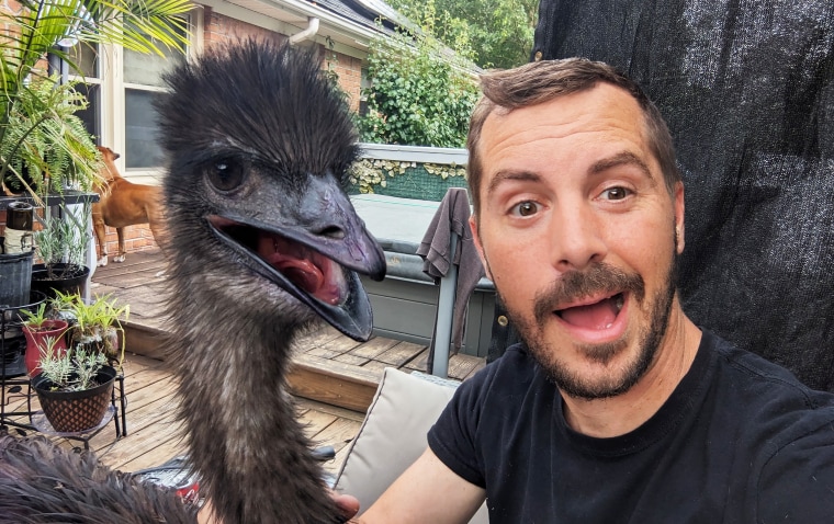 Nimbus the emu and Nicholas Olenik pose for a photo together.