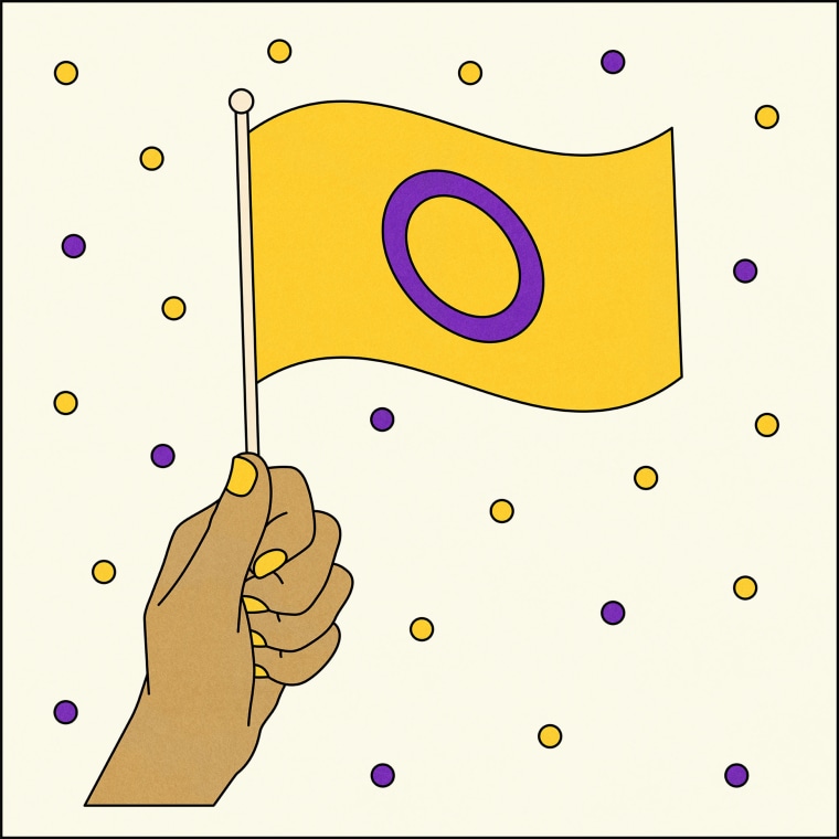 Illustration of hand holding Intersex flag