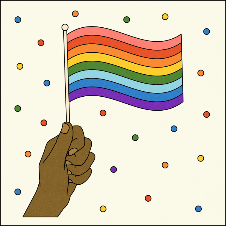 Illustration of hand holding Original eight colored pride flag