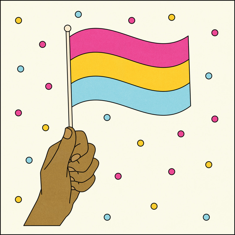 Illustration of hand holding Pansexual flag