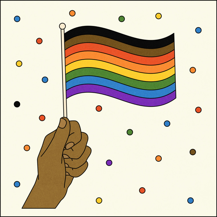 Illustration of hand holding Philly Pride flag
