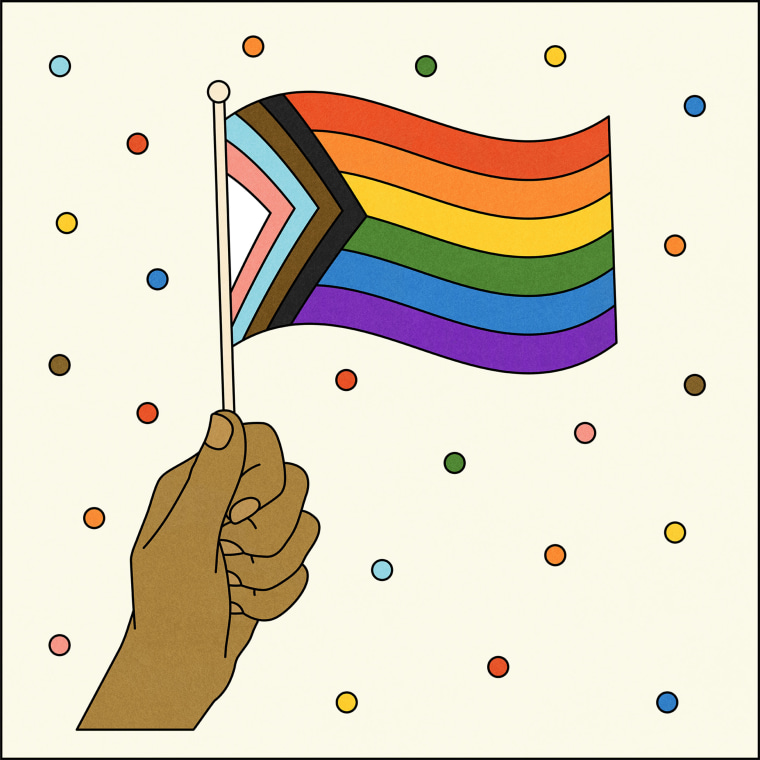 Illustration of hand holding Progress Pride flag
