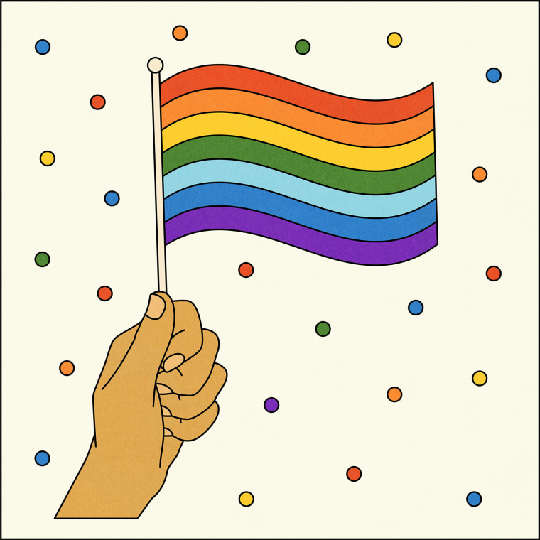 Illustration of hand holding Seven colored pride flag without pink