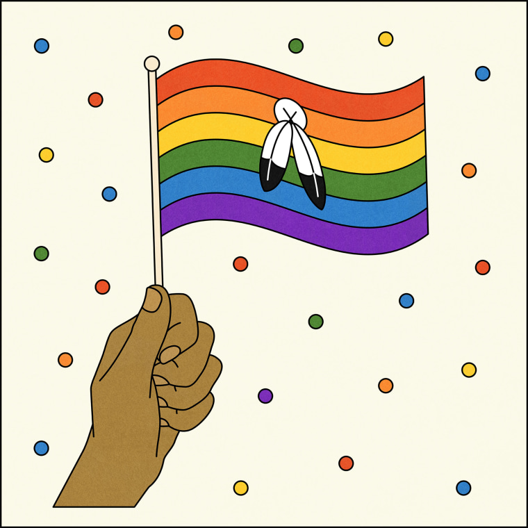 Illustration of hand holding two spirit flag