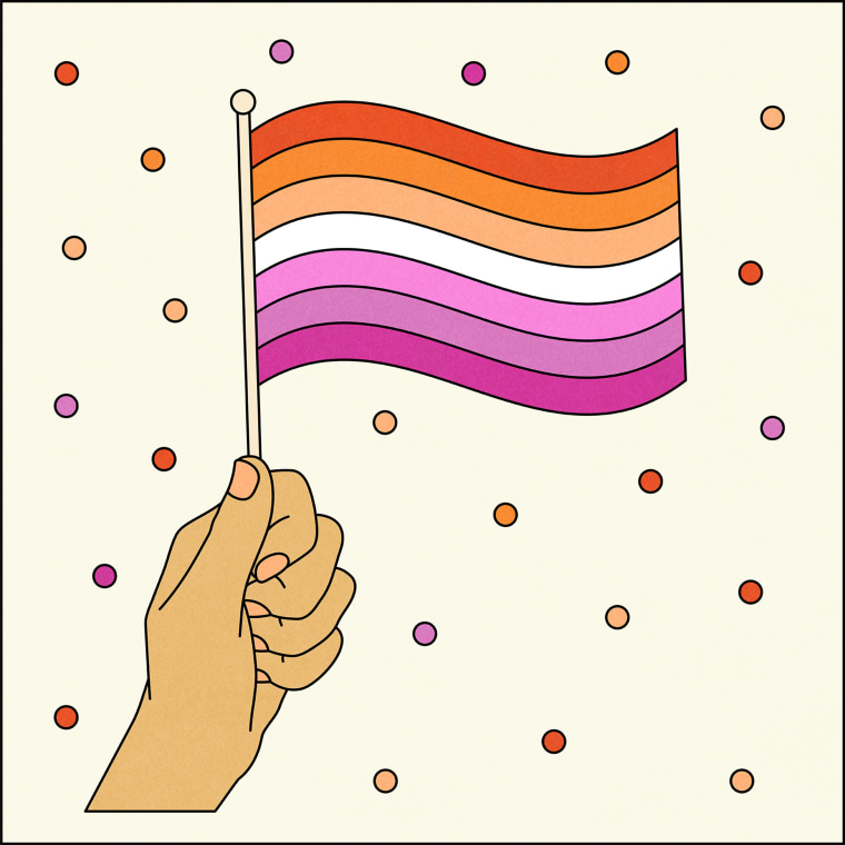 Illustration of hand holding lesbian pride flag