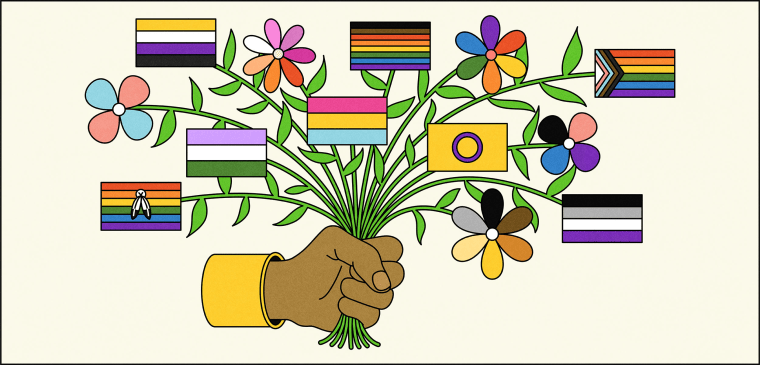Illustration of hand holding bouquet of LGBTQ flags and flowers