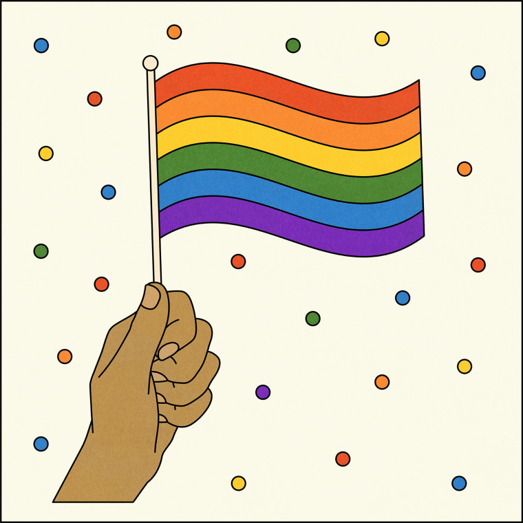 Illustration of hand holding traditional Six colored pride flag