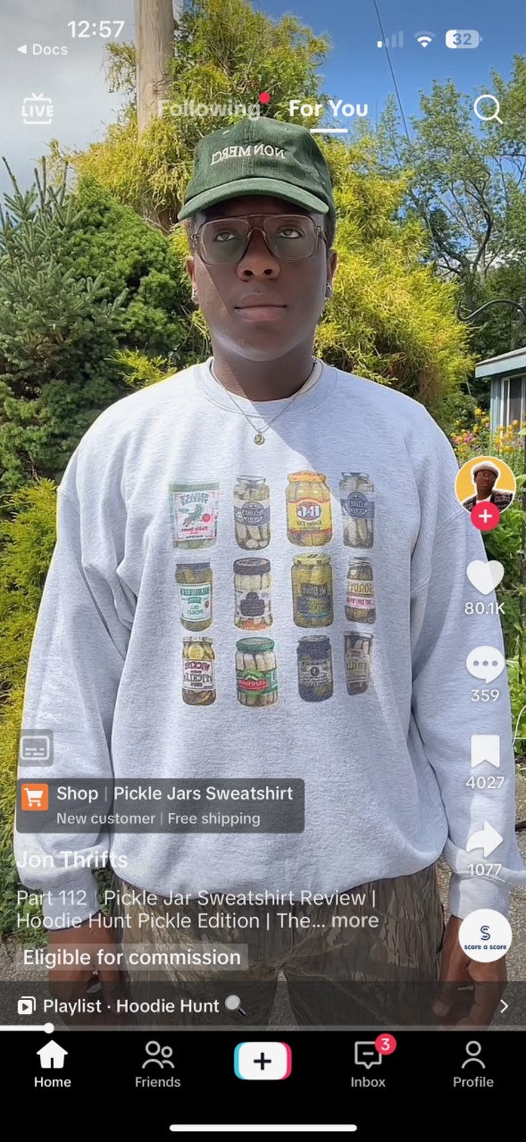 A pickle sweatshirt video that includes and "eligible for commission" tag.