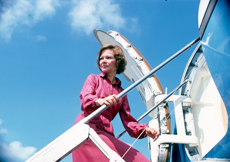 US First Lady Rosalynn Carter climbs the steps to her plane during a trip in Texas in September of 1978.