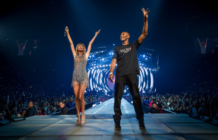 Taylor Swift and Kobe Bryant onstage during The 1989 World Tour Live in Los Angeles at the then-Staples Center on Aug. 21, 2015.