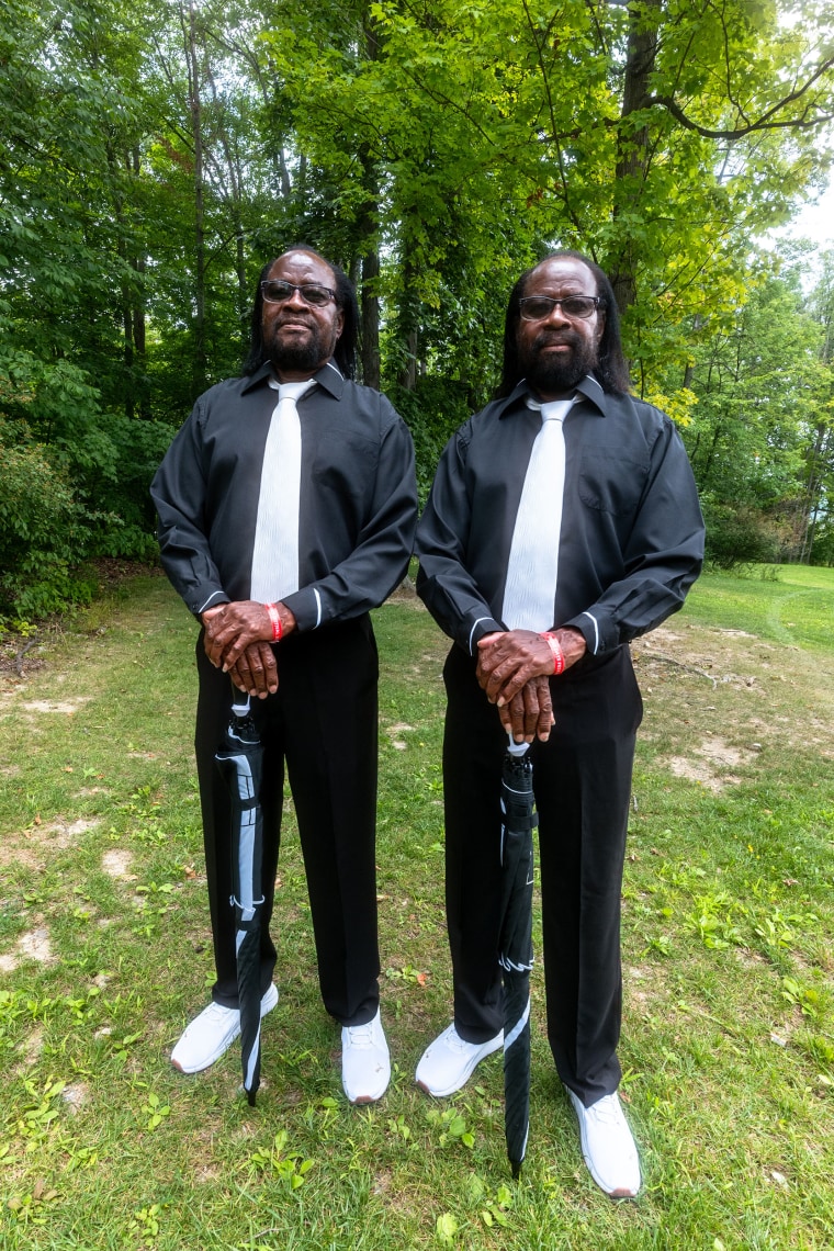 Fred (L) and Ned ( R ) Mitchell (72) from Hollywood, South Carolina at Twins Days Festival.