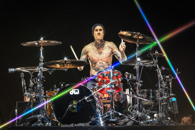 Travis Barker of Blink-182 performs onstage at the 2023 Coachella Valley Music & Arts Festival on April 23, 2023 in Indio, Calif.