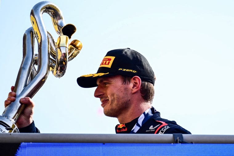 Max Verstappen celebrates after winning the F1 Grand Prix in Monza, Italy, on Sept. 3, 2023.