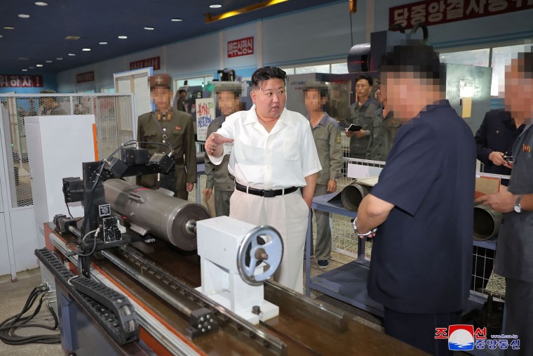 This undated picture released from North Korea's official Korean Central News Agency on Sept. 3, 2023 shows North Korean leader Kim Jong Un inspecting the Pukjung Machine Complex in North Pyongan Province. 