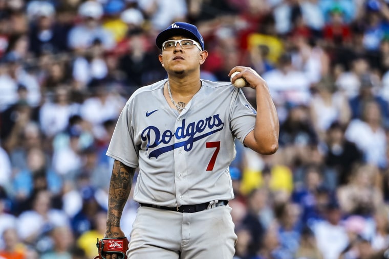 Image: Pitcher Julio Urias #7 of the Los Angeles Dodgers stands on the mound after giving up a three-run home run to the Boston Red Sox during the sixth inning at Fenway Park on Aug. 26, 2023 in Boston.