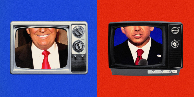 Donald Trump and Ron DeSantis' face inside TV screens 